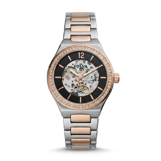 Rose Gold & Silver Skeleton Dial Watch – Crystal Bezel Automatic Timepiece