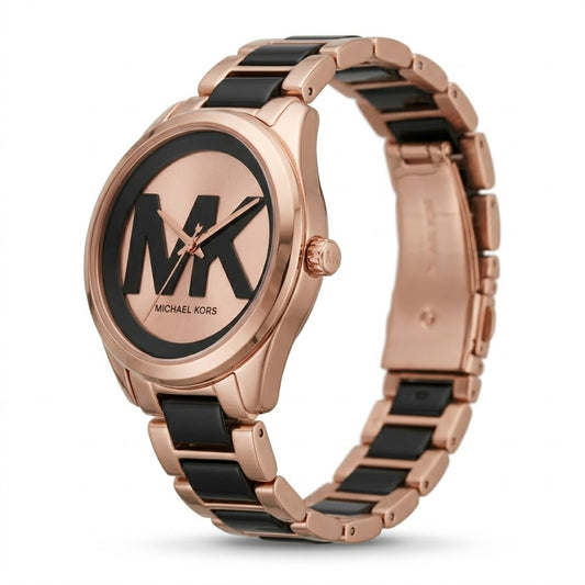 Rose Gold & Black Statement Dial Watch – Modern Fashion Bracelet Timepiece
