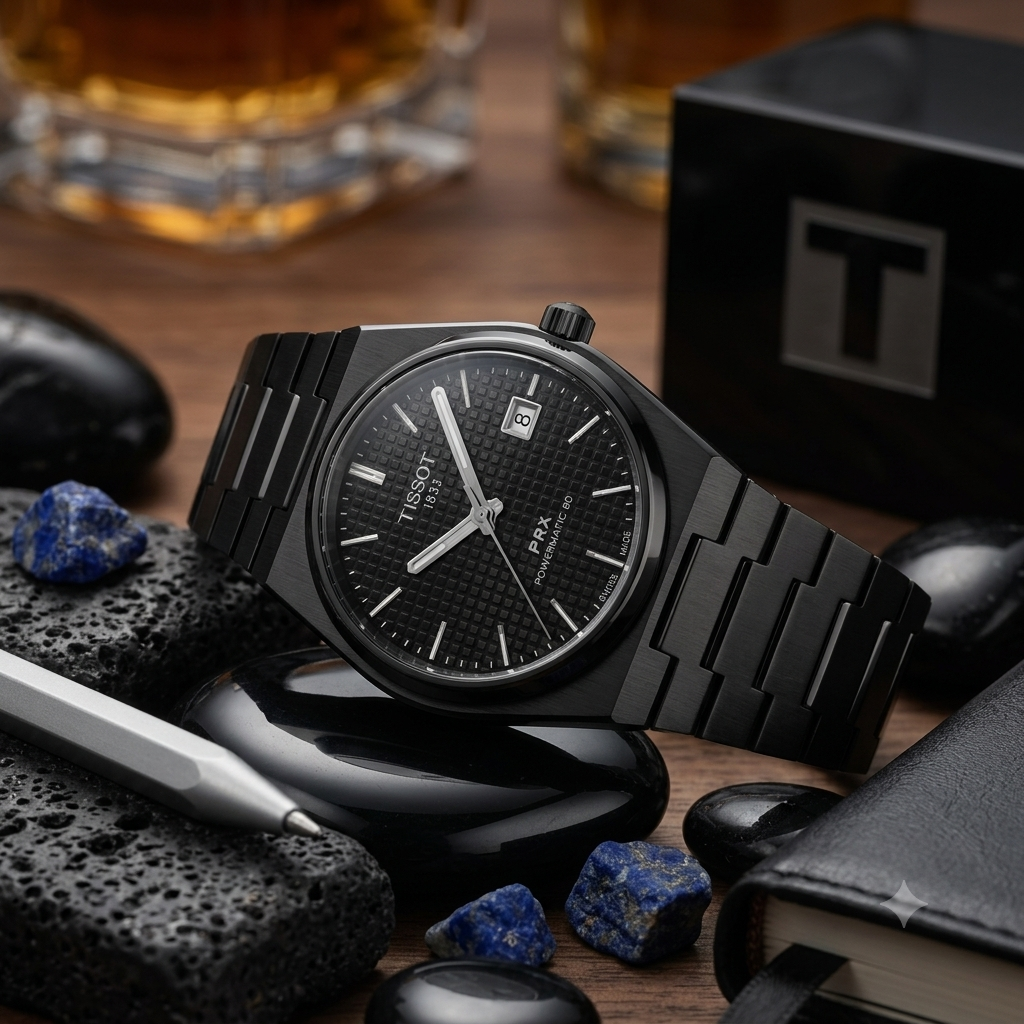 Black Stainless Steel Quartz Watch with Textured Dial