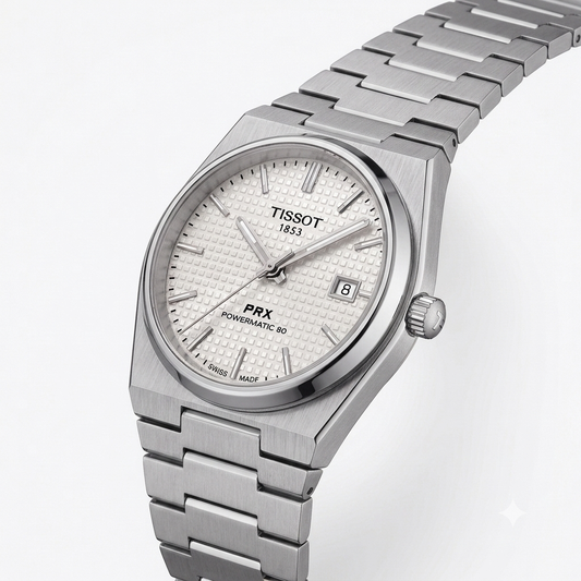 Silver Stainless Steel Quartz Watch with White Textured Dial