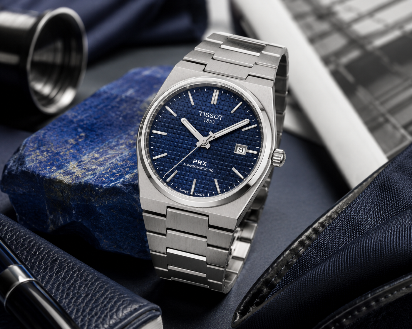 Silver Stainless Steel Quartz Watch with Deep Blue Sunray Dial
