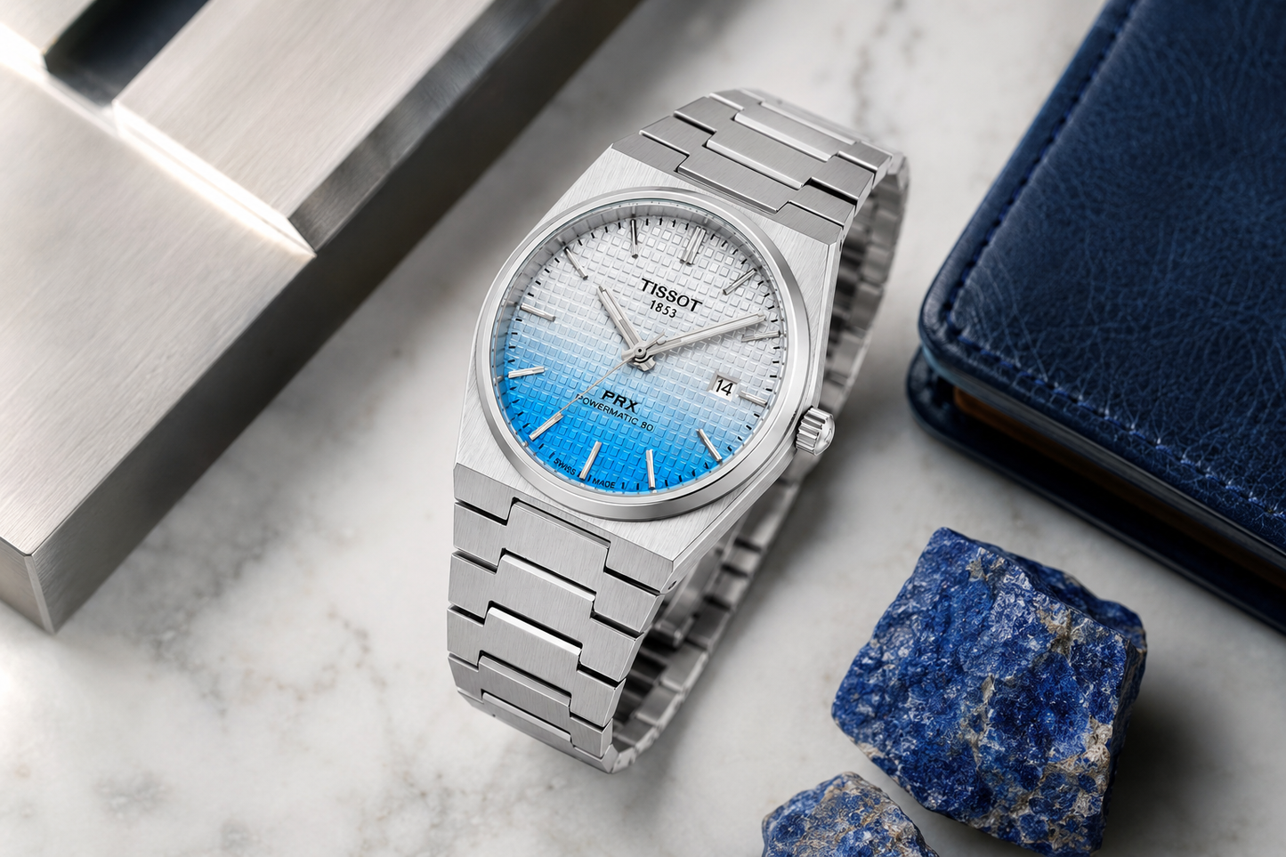 Silver Stainless Steel Quartz Watch with White-to-Ice Blue Gradient Textured Dial