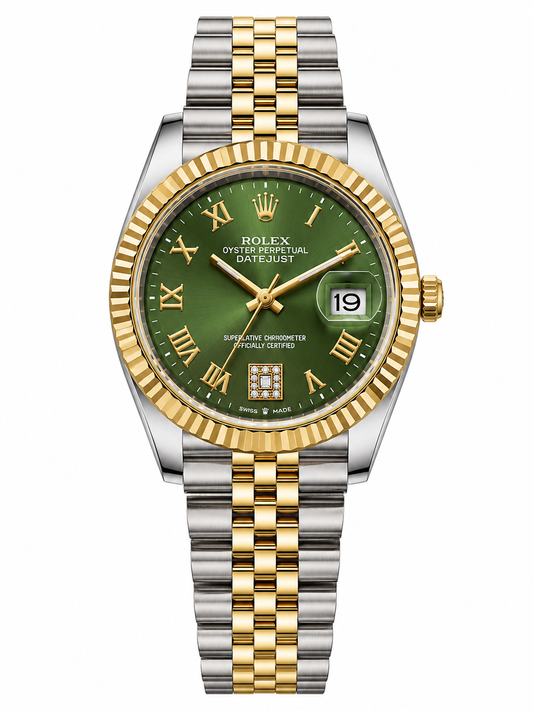 Green Sunburst Luxury Date Watch with Two-Tone Bracelet