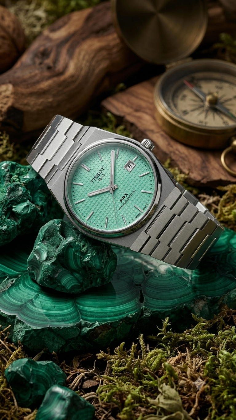 Silver Stainless Steel Automatic Watch with green Textured Dial