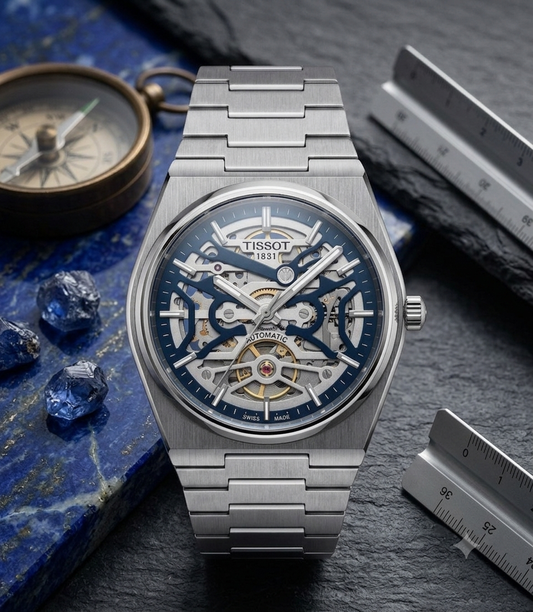 Silver Stainless Steel Skeleton Automatic Watch with Blue Open-Heart Dial