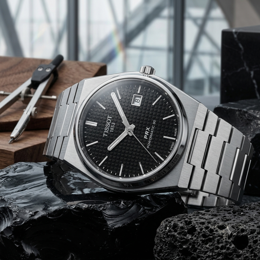 Silver Stainless Steel Automatic Watch with Black Textured Dial