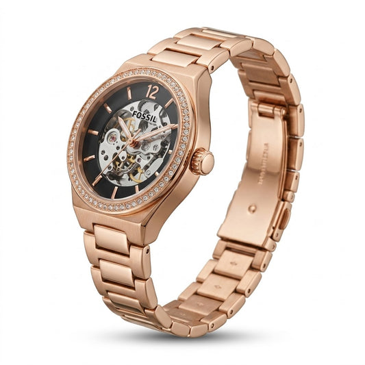 Rose Gold Skeleton Crystal Bezel Watch – Elegant Automatic Women's Timepiece