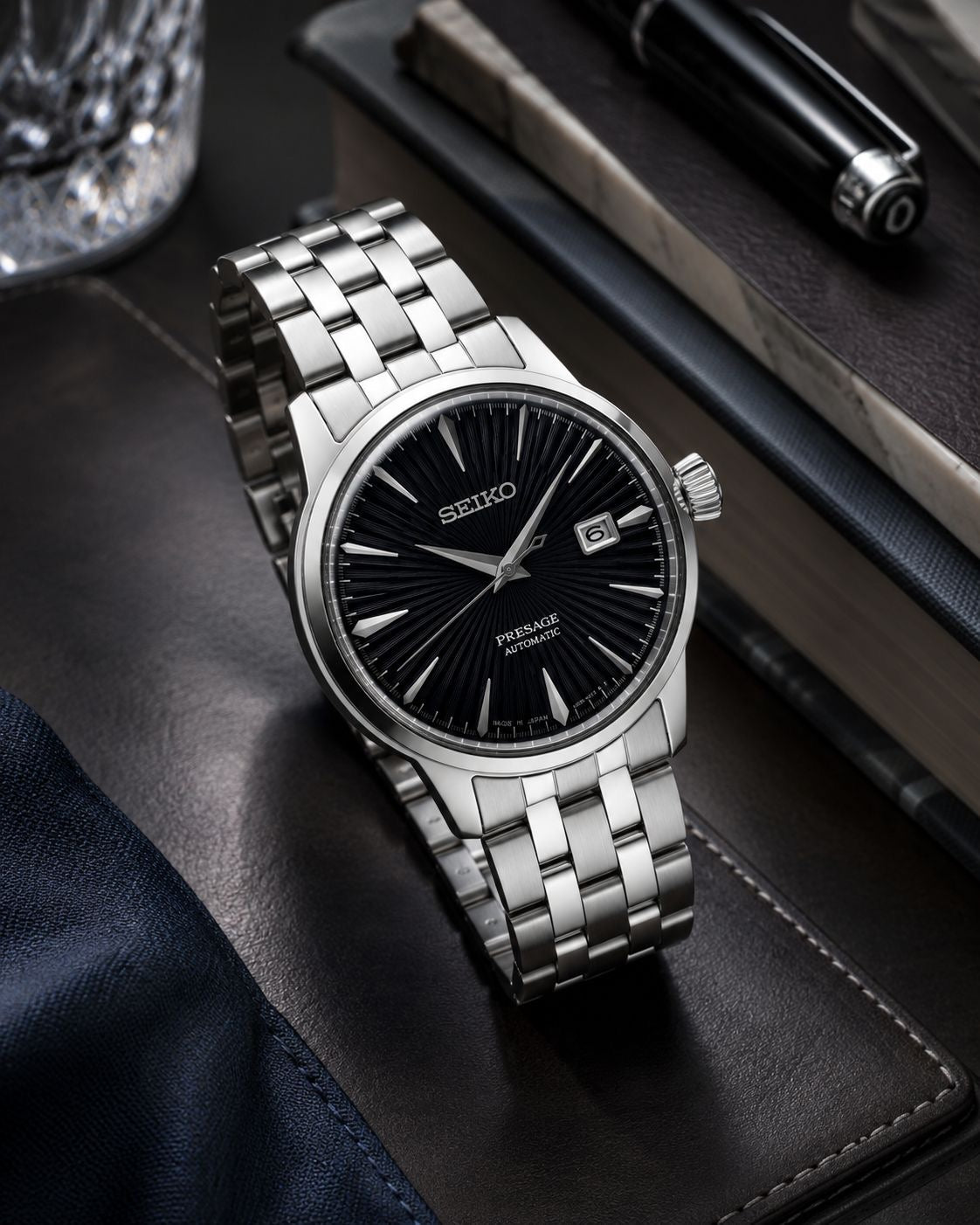 Silver Stainless Steel Automatic Watch with Black Sunburst Dial