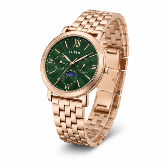 Women's Rose Gold Multifunction Watch with Emerald Green Sunburst Dial