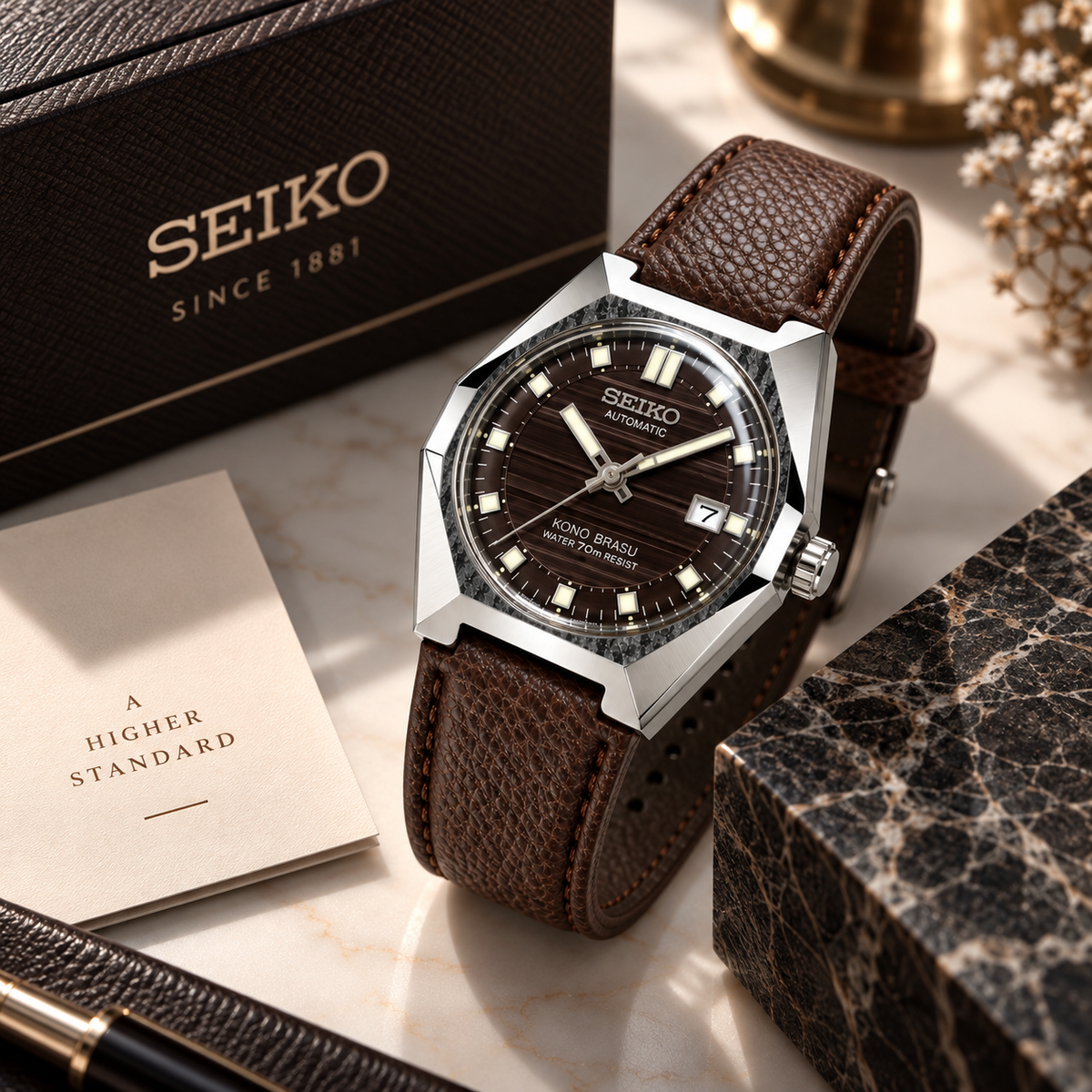 Seiko Brown Dial Automatic Luxury Leather Watch