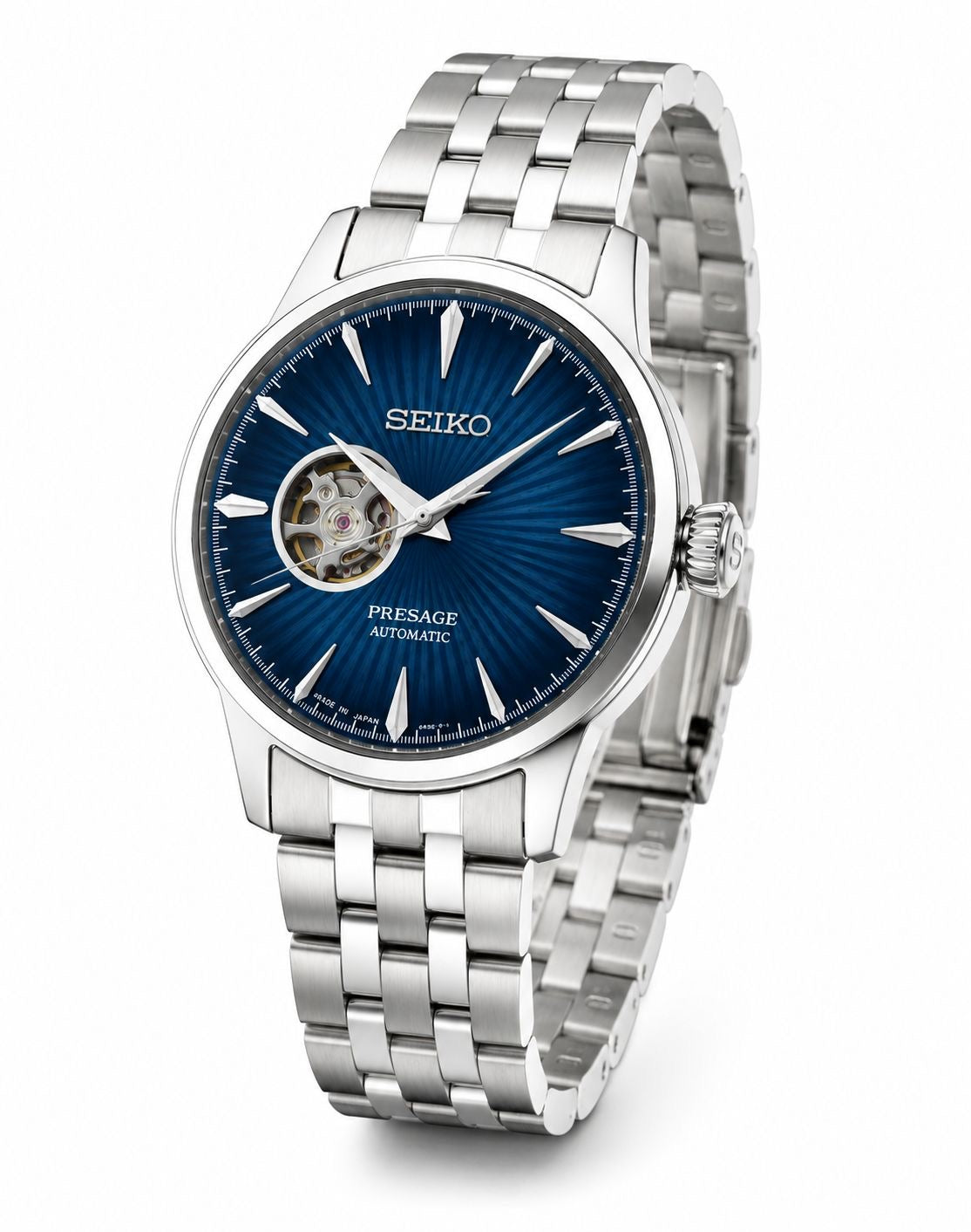Silver Stainless Steel Automatic Watch with Deep Blue Open-Heart Dial