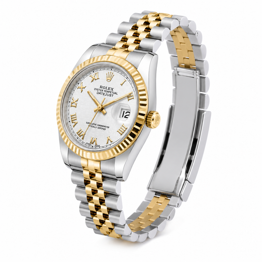 Classic Two-Tone Luxury Date Watch with Roman Numeral Dial