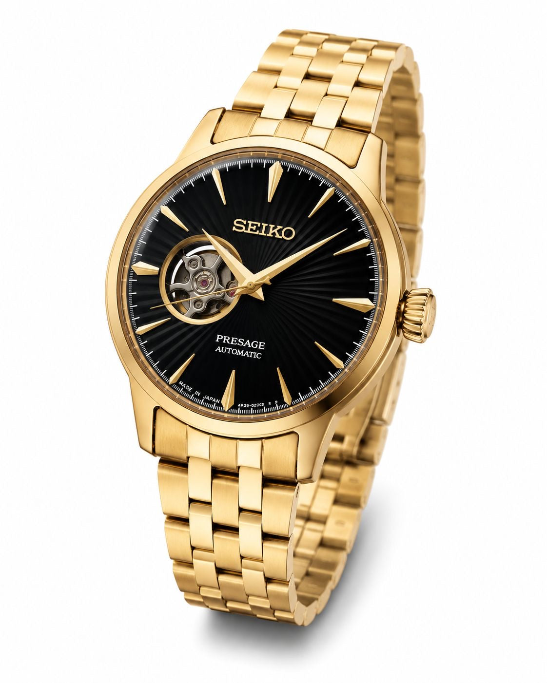 Gold Stainless Steel Automatic Watch with black Open-Heart Dial