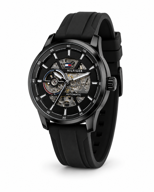 Automatic Skeleton Watch – Black Stainless Steel & Silicone Strap
