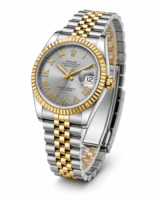 Classic Two-Tone Luxury Date Watch with Silver Sunburst Dial