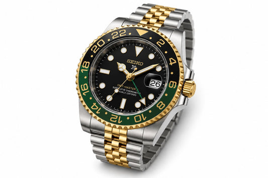 Two-Tone GMT Style Automatic Bracelet Watch with Black & Green Bezel