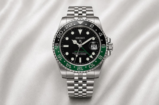 Stainless Steel GMT Style Bracelet Watch with Black & Green Bezel