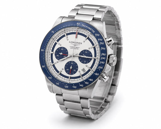 Arctic Summit Chronograph Watch – White Panda Dial & Blue Tachymeter Bezel Steel Edition