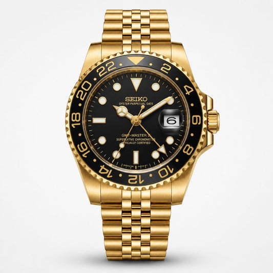 Gold-Tone GMT Style Bracelet Watch with Black Dial
