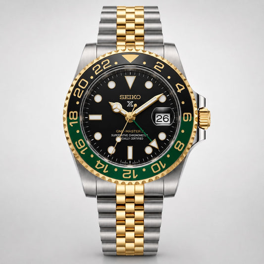 Two-Tone GMT Style Bracelet Watch with Black & Green Bezel