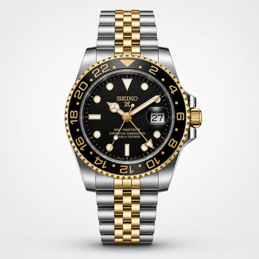 Two-Tone GMT Style Bracelet Watch with Black & Gold Bezel