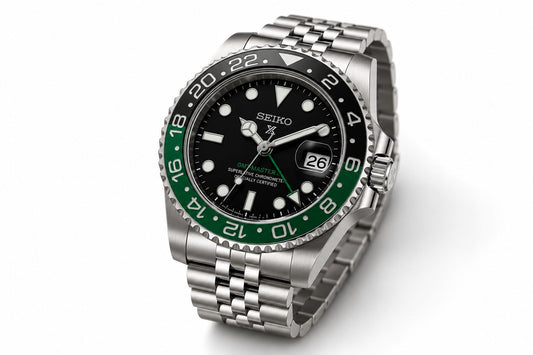 Stainless Steel GMT Style Automatic Bracelet Watch with Black & Green Bezel