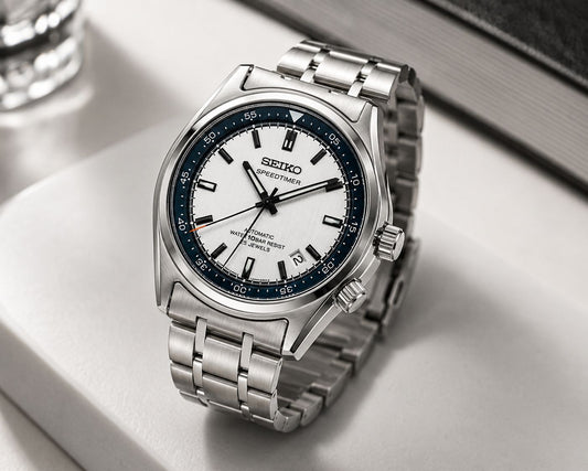 Stainless Steel Automatic Dress Watch with White Dial & Blue Chapter Ring