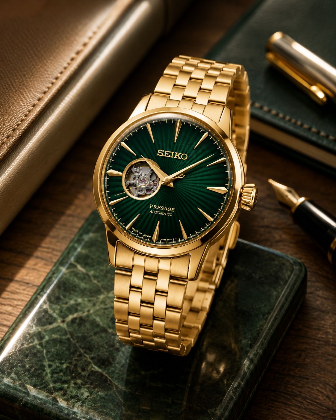 Gold Stainless Steel Automatic Watch with Emerald Green Open-Heart Dial
