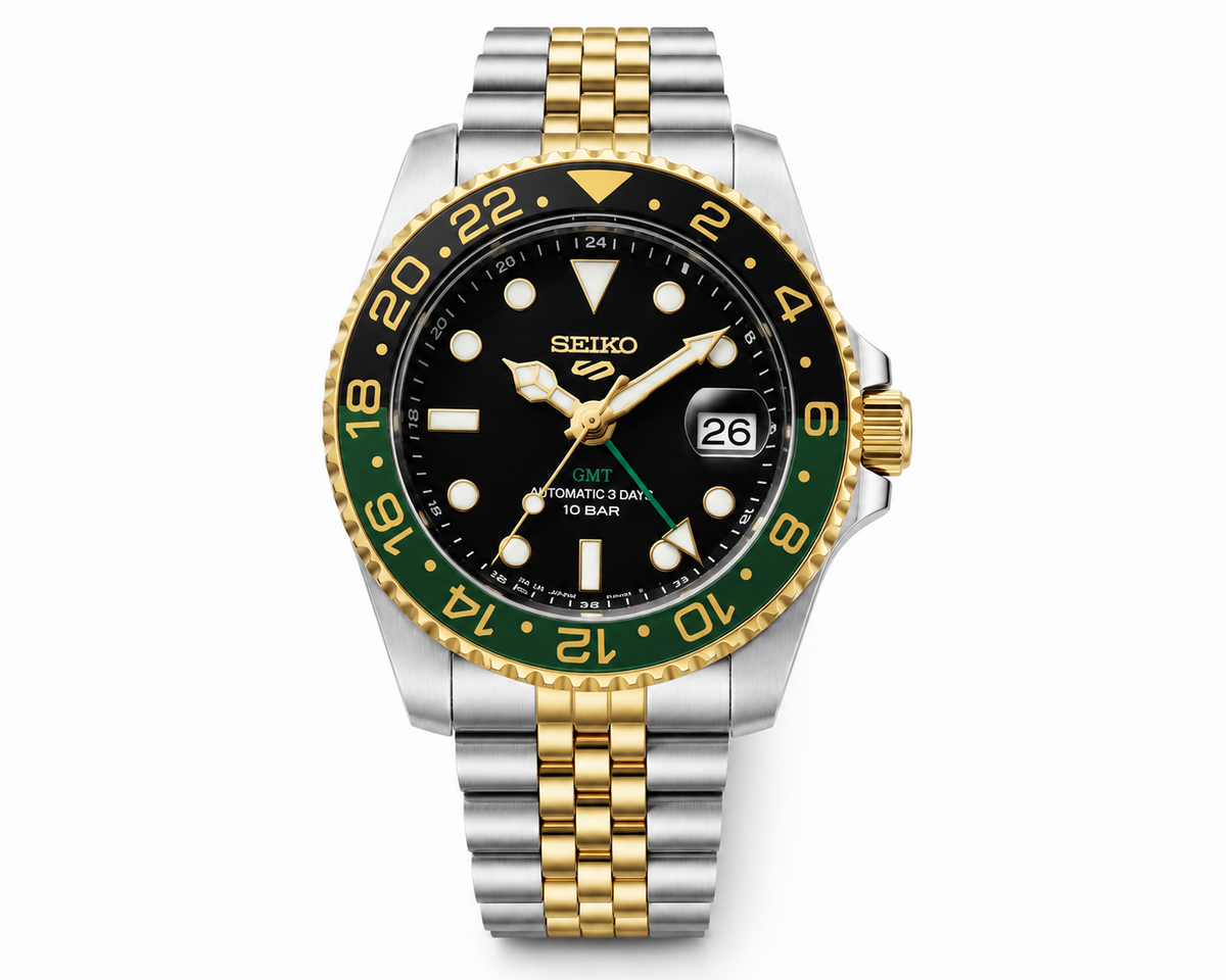 Two-Tone GMT Style  Bracelet Watch with Black & Green Bezel
