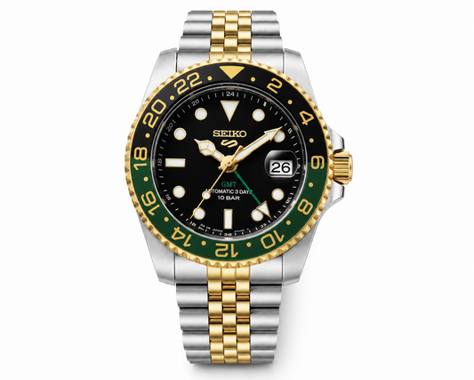 Two-Tone GMT Style  Bracelet Watch with Black & Green Bezel