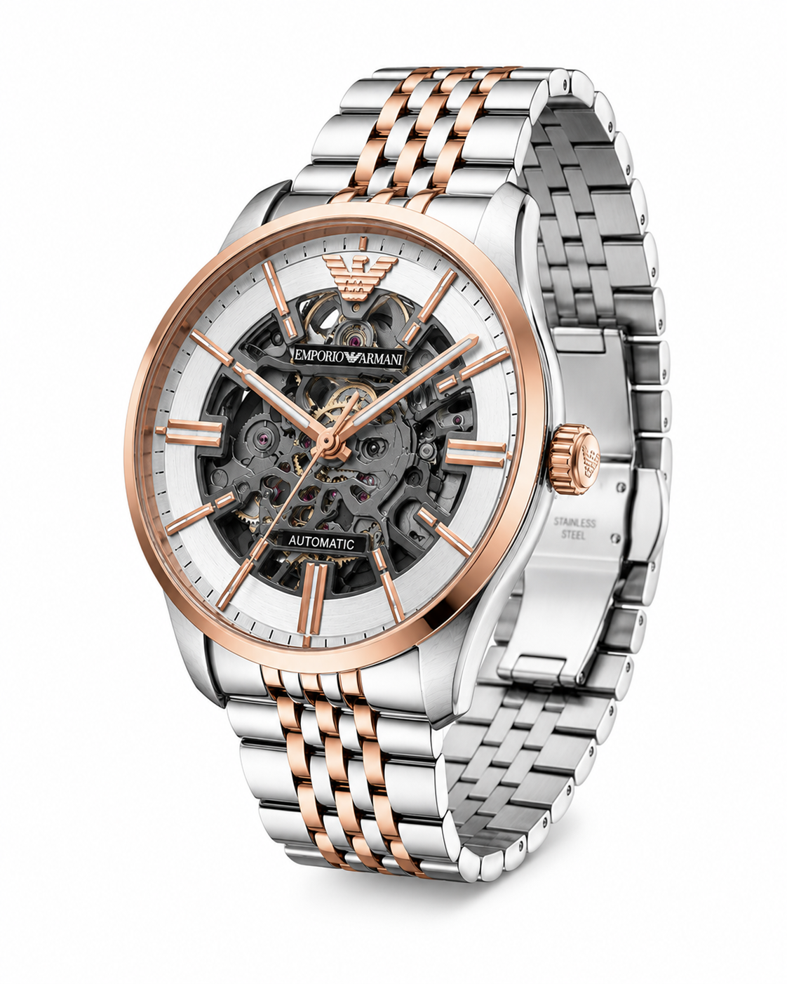 Rose Gold Skeleton Automatic Watch – Premium Two-Tone Stainless Steel Mechanical Timepiece