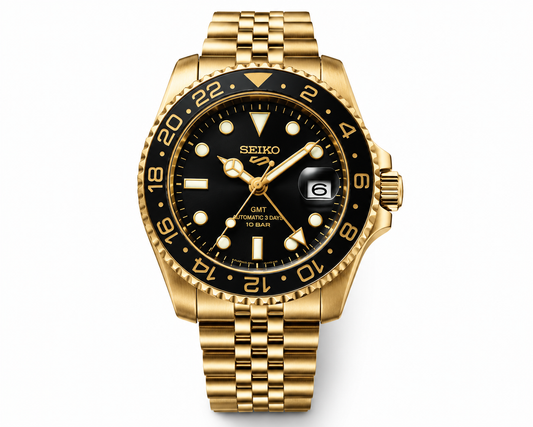 Gold-Tone GMT Style  Bracelet Watch with Black Dial