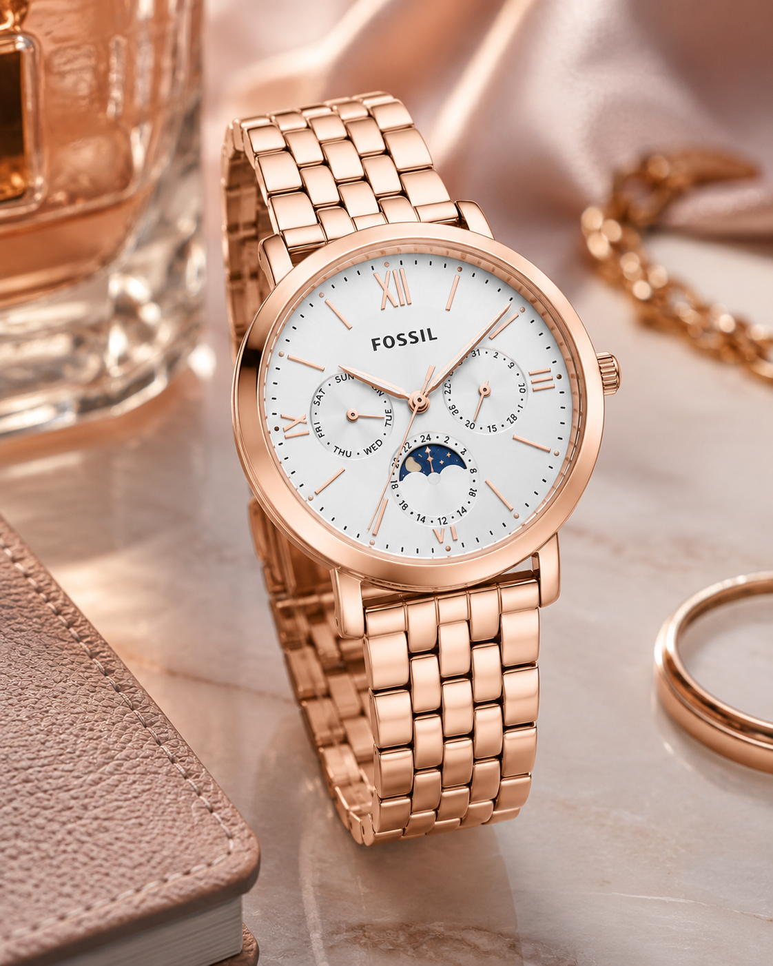 Rose Gold Moonphase Watch – Elegant Multi-Function Bracelet Timepiece