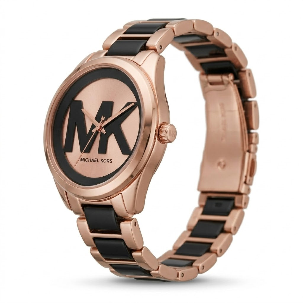 Rose Gold & Black Statement Dial Watch – Modern Fashion Bracelet Timepiece