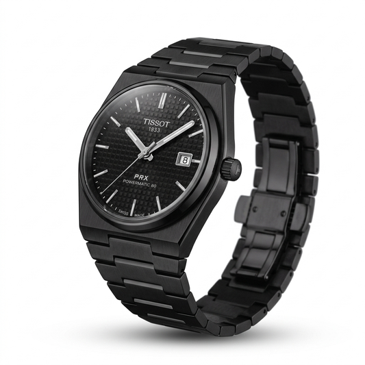 Black Stainless Steel Quartz Watch with Textured Dial