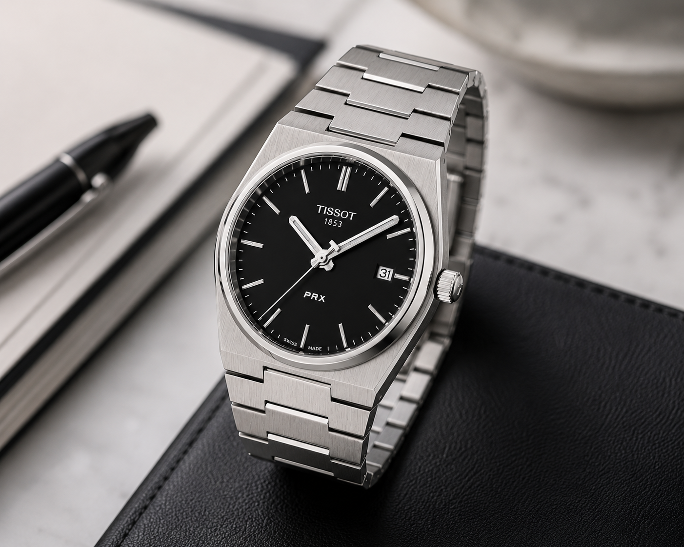 Silver Stainless Steel quartz Watch with Black Textured Dial
