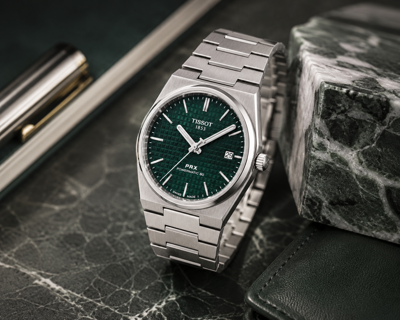 Silver Stainless Steel Quartz Watch with Emerald Green Textured Dial