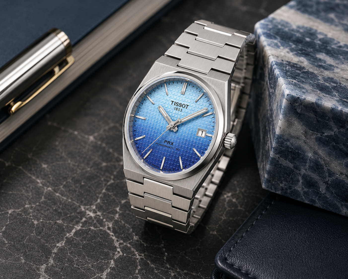 Silver Stainless Steel quartz Watch with Ice Blue Textured Dial