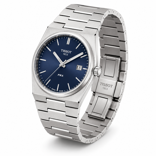 Silver Stainless Steel Quartz Watch with Deep Blue Sunray Dial