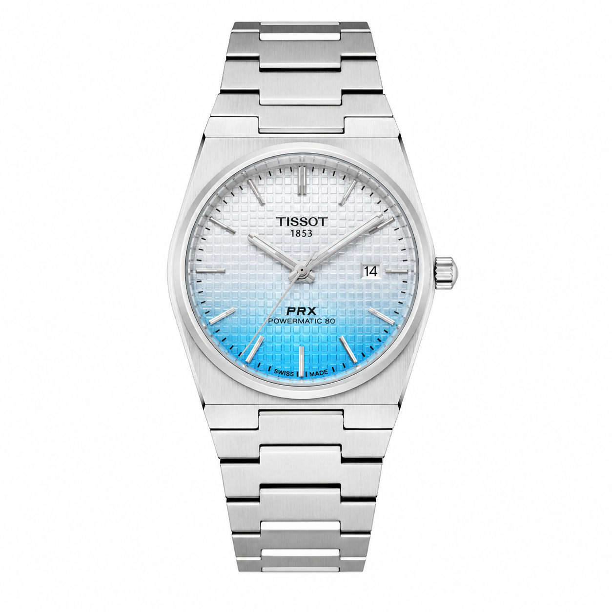 Silver Stainless Steel Quartz Watch with White-to-Ice Blue Gradient Textured Dial