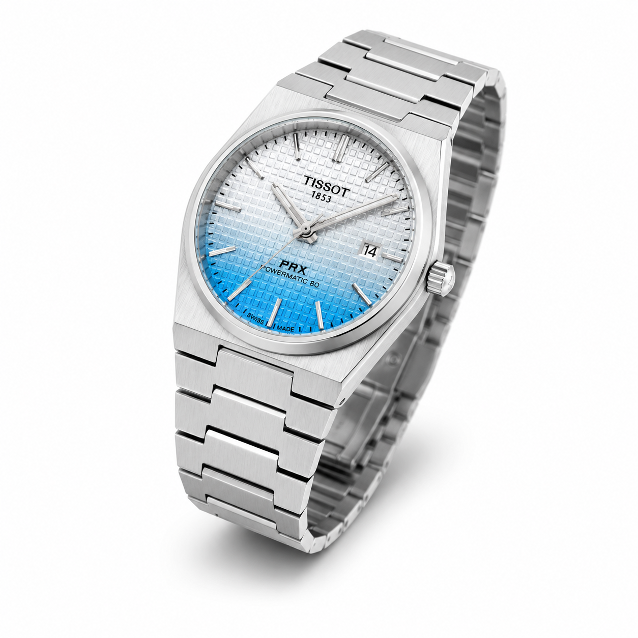 Silver Stainless Steel Quartz Watch with White-to-Ice Blue Gradient Textured Dial