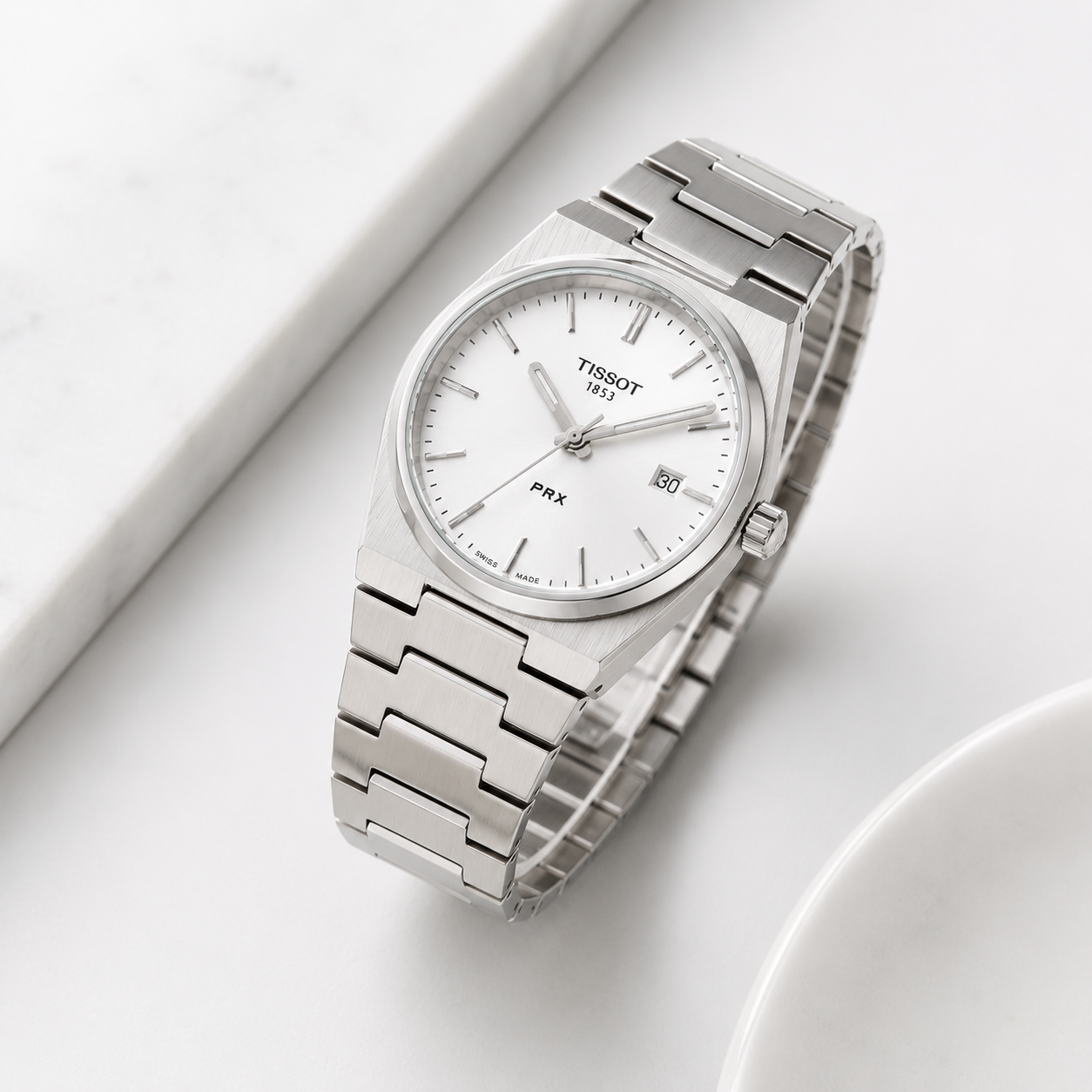 Silver Stainless Steel Quartz Watch with White Textured Dial