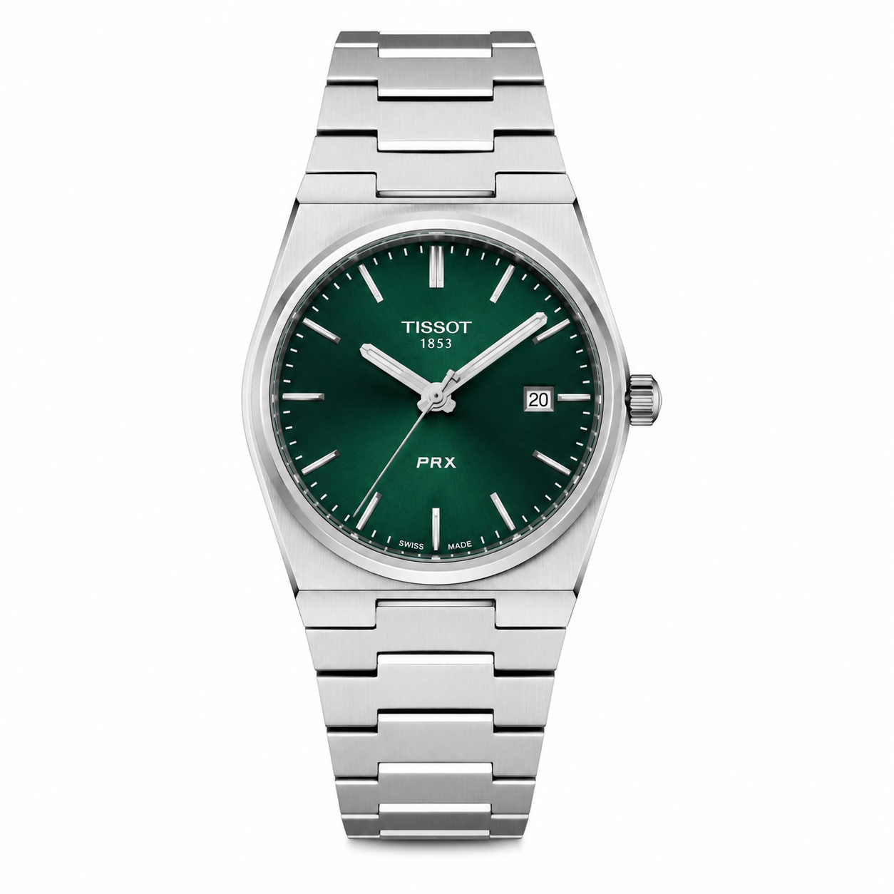 Silver Stainless Steel Quartz Watch with Emerald Green Textured Dial