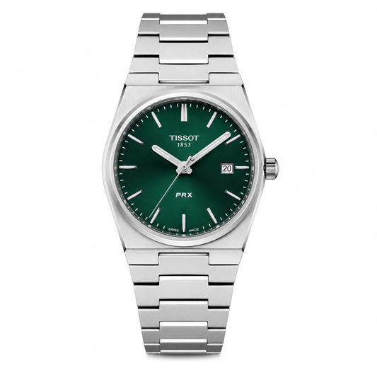 Silver Stainless Steel Quartz Watch with Emerald Green Textured Dial