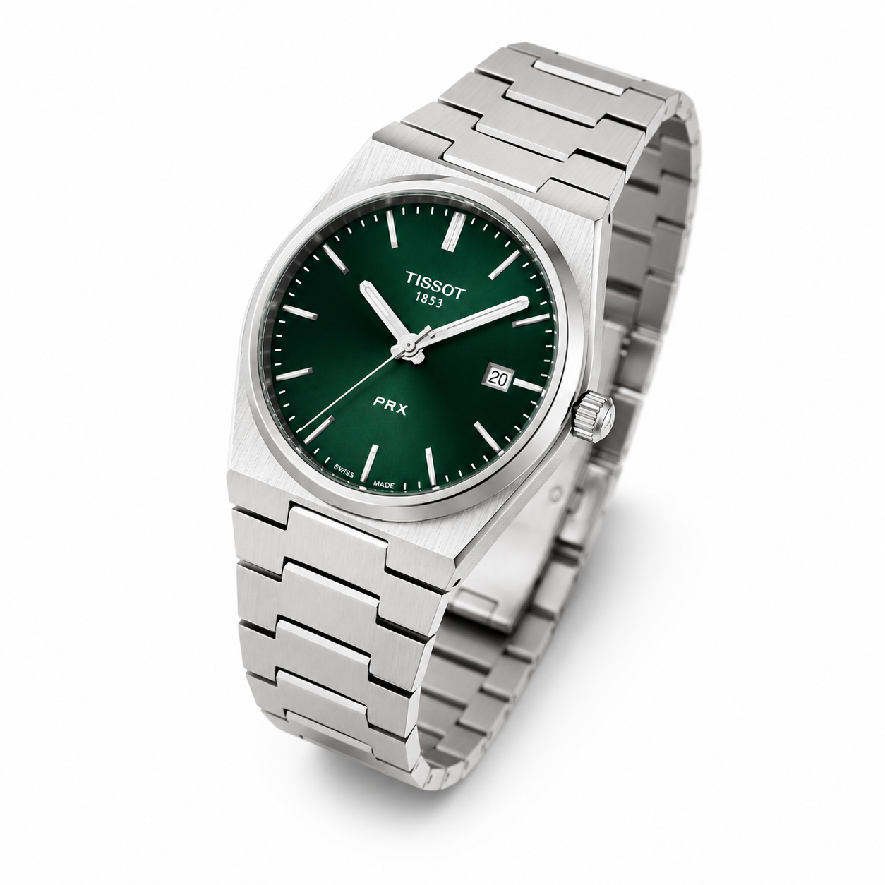 Silver Stainless Steel Quartz Watch with Emerald Green Textured Dial