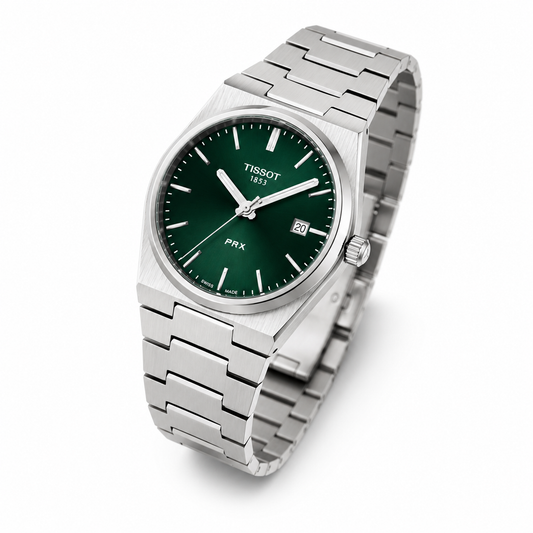 Silver Stainless Steel Quartz Watch with Emerald Green Textured Dial