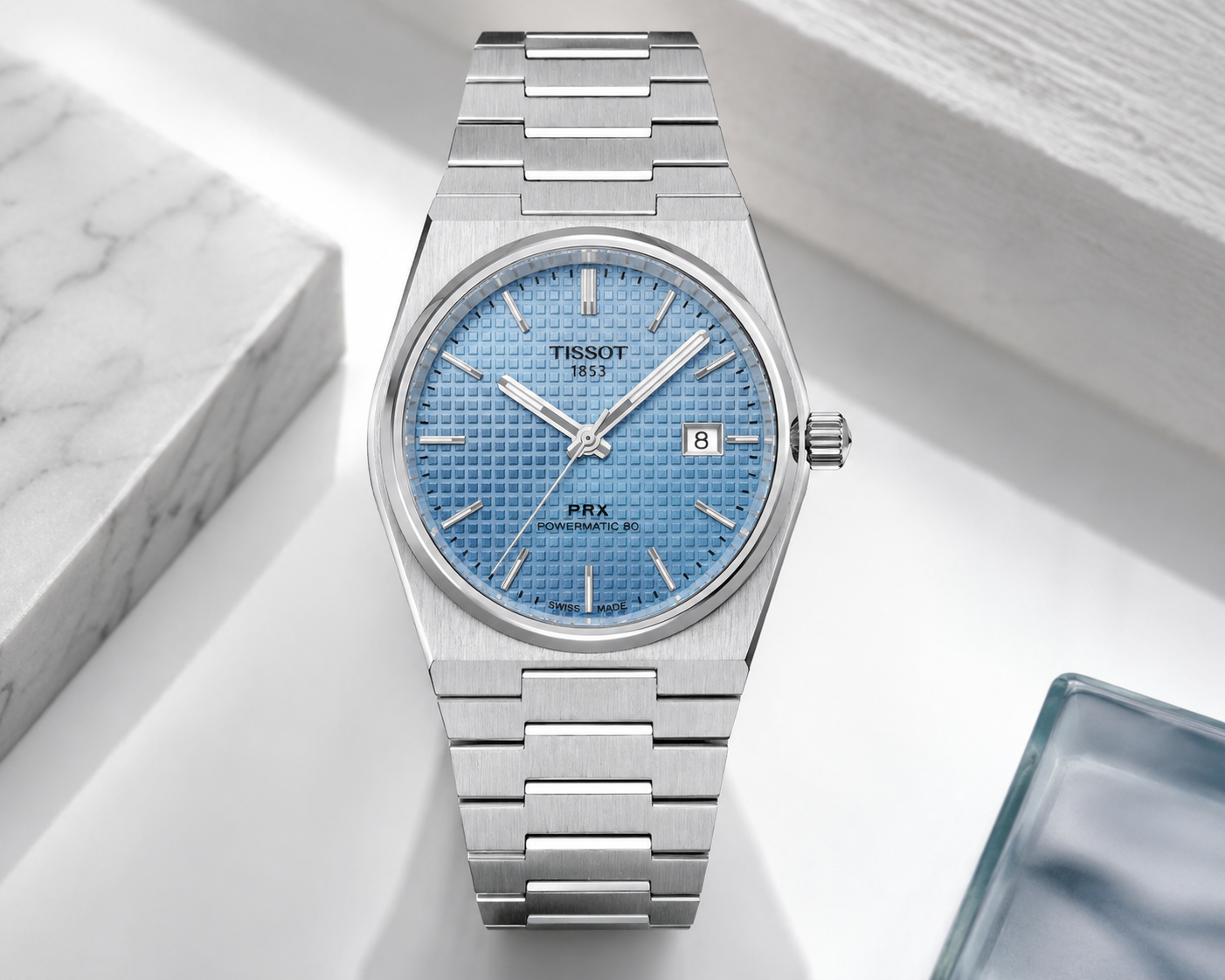 Silver Stainless Steel quartz Watch with Ice Blue Textured Dial