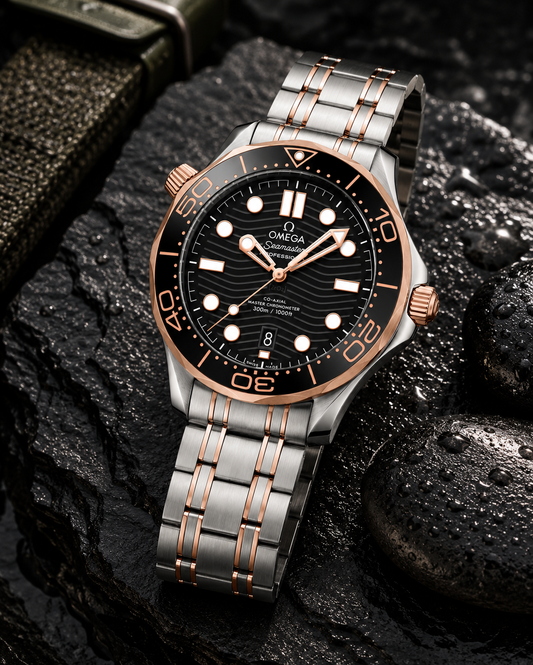 Premium Diver Style Watch – Black Dial & Rose Gold Two-Tone Stainless Steel Bracelet