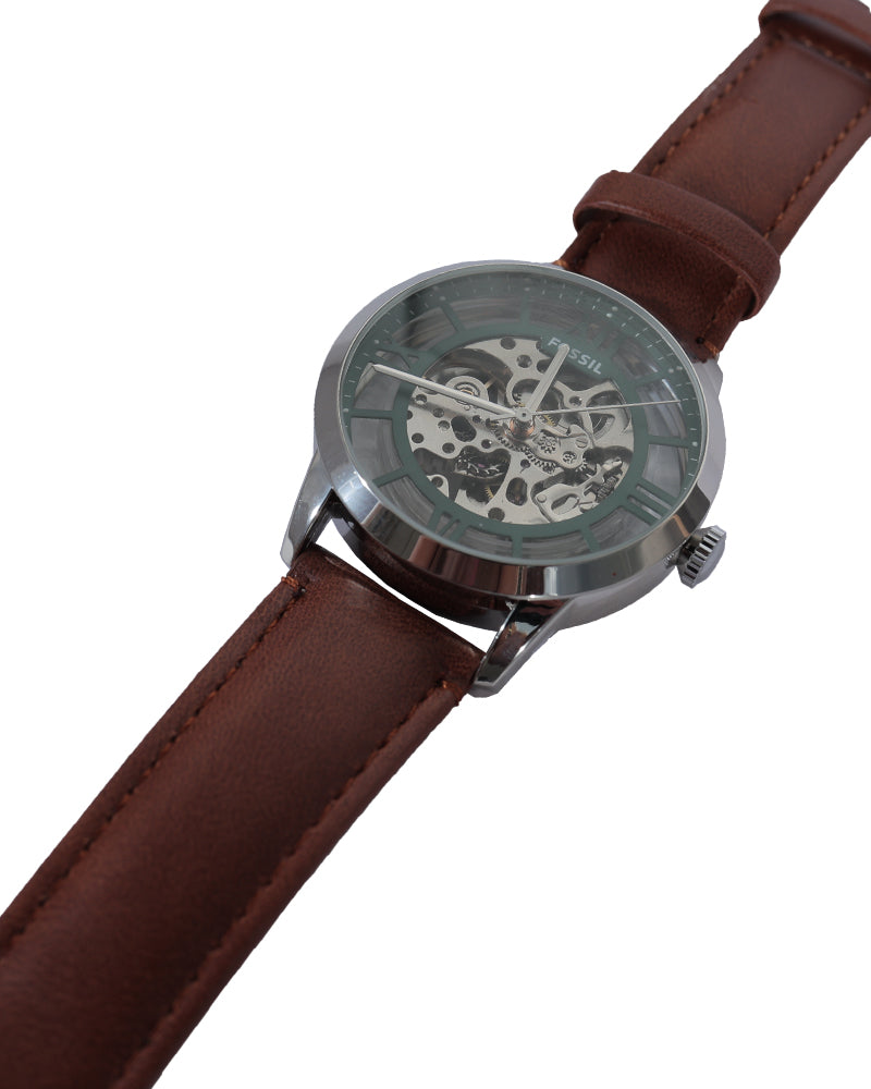 Emerald Heritage Skeleton Automatic Watch – Green Open-Heart Dial & Vintage Brown Leather Strap