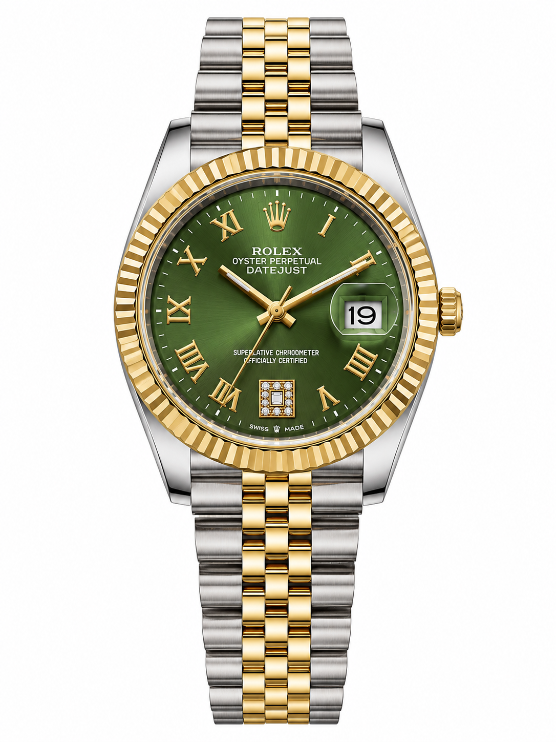 Green Sunburst Luxury Date Watch with Two-Tone Bracelet